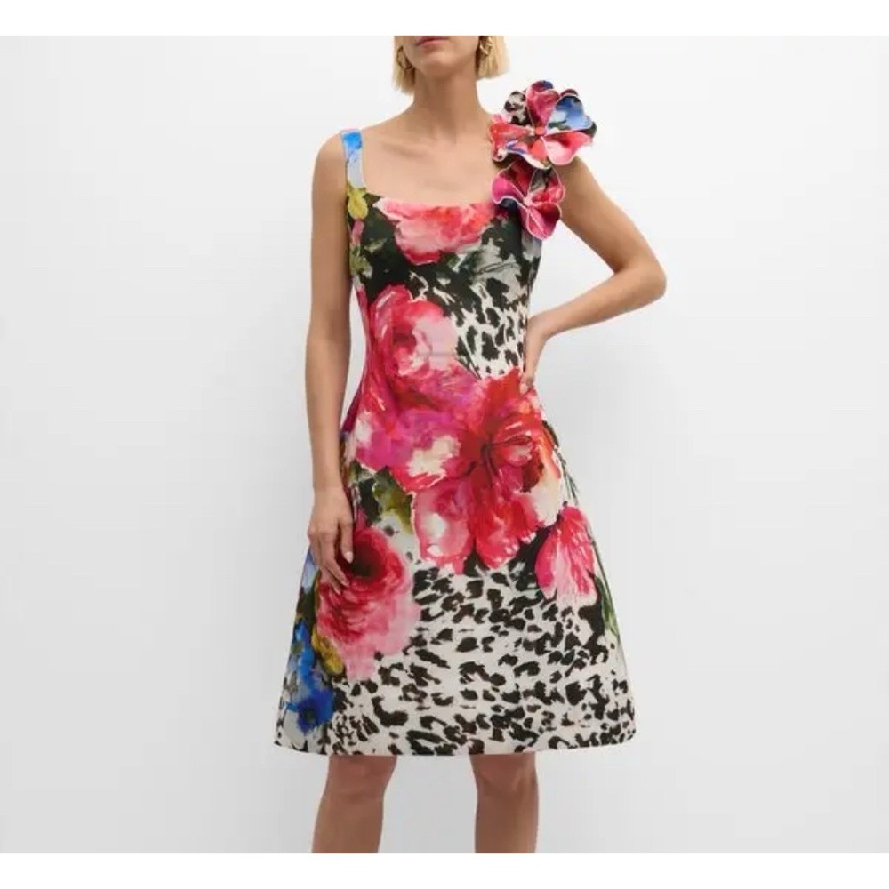 Rickie Freeman for Teri Jon Sleeveless Floral Leopard Print Dress 6